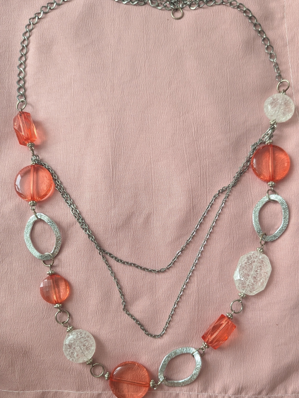 Elegant Coral and Clear Beaded Multi-Strand Necklace